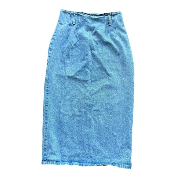 Vtg Denim Maxi Skirt 10 28" Blue Jean 100% Cotton Back Zip Snap‎ Slit Modest - Picture 1 of 10